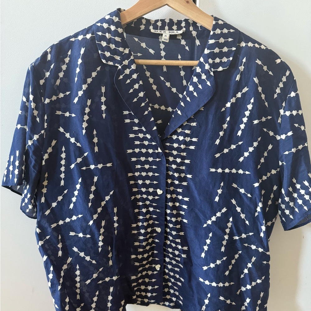Navy and White Patterned Blouse